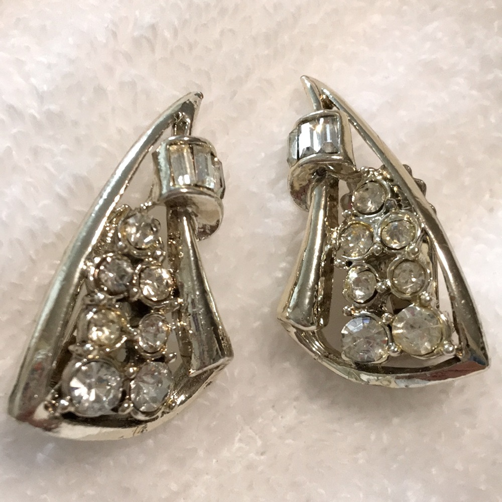 VTG Silver Crystal Rhinestone Clip Earrings
